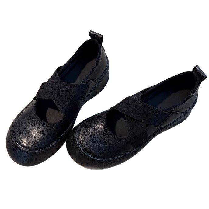 Soft leather version~ platform-soled sports ballet shoes women's versatile leather cross-strap round head single shoes retro Mary Jane shoes