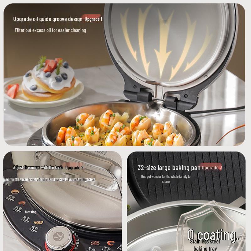 Liren Little Steel Man Electric Griddle with Stainless Steel Baking Pan, 38mm Deep for Home Use