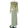 Frühling Elegantes Mesh Patchwork Maxikleid Damen Sexy Sheer Off Shoulder Slim Partykleid Mode Langarm Urlaub Kleid