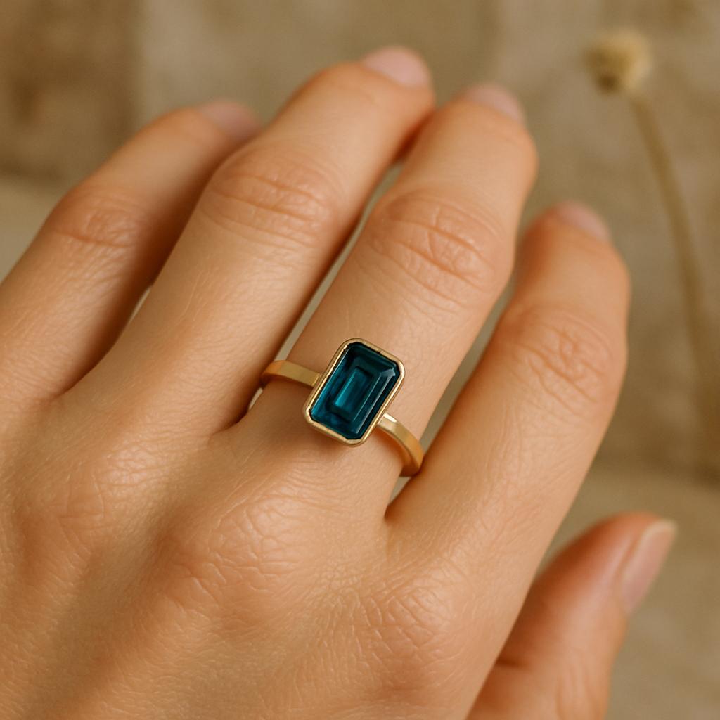 Emerald Cut Topaz Stone Engagement Ring, Bezel Set Yellow Gold Plated Band, Modern Bridal Jewelry, Promise Ring for Her
