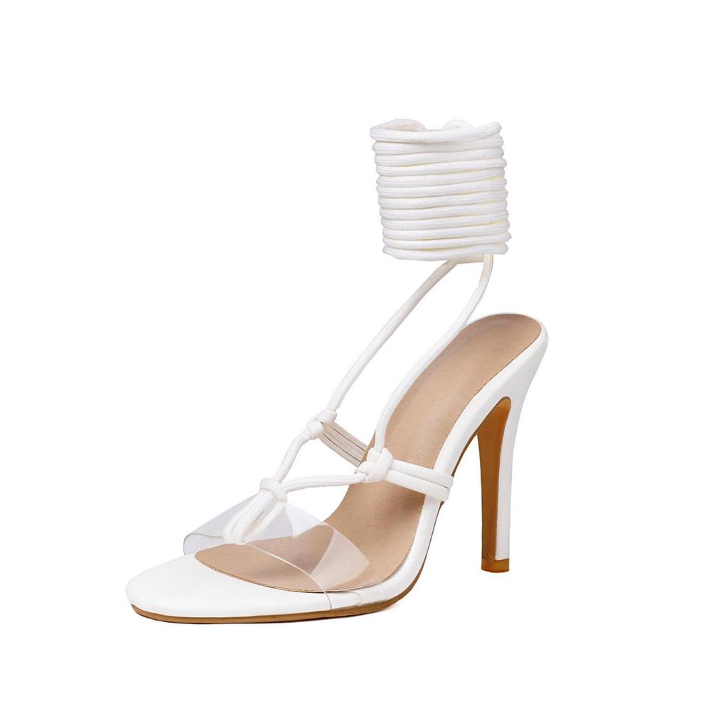 Women Heeled Black White Sandals Dressy Wrap Bandage Summer 2025 Shoes PVC Simple Footwear