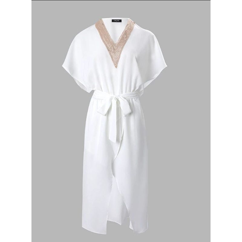 

2023 European and American Summer Fashion Mature Women s Lace Trim V-Neck Tie Slit Casual Dress White S