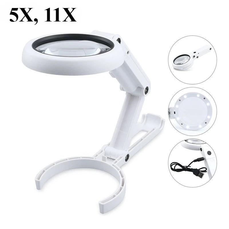 Foldable 5x 11x Magnifying Glass With 8 Led Light Stand Desk Portable Handheld Magnifier For Jewelry Reading Repair