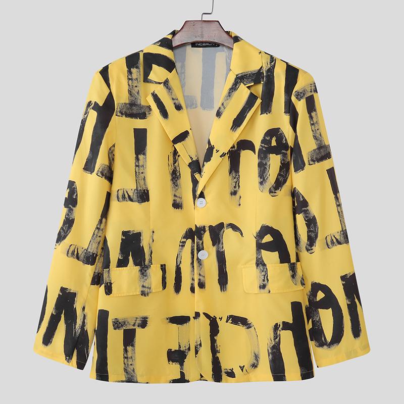 INCERUN Oversized Men Lapel Neck Long Sleeve Print Casual Loose Thin Blazer Coats