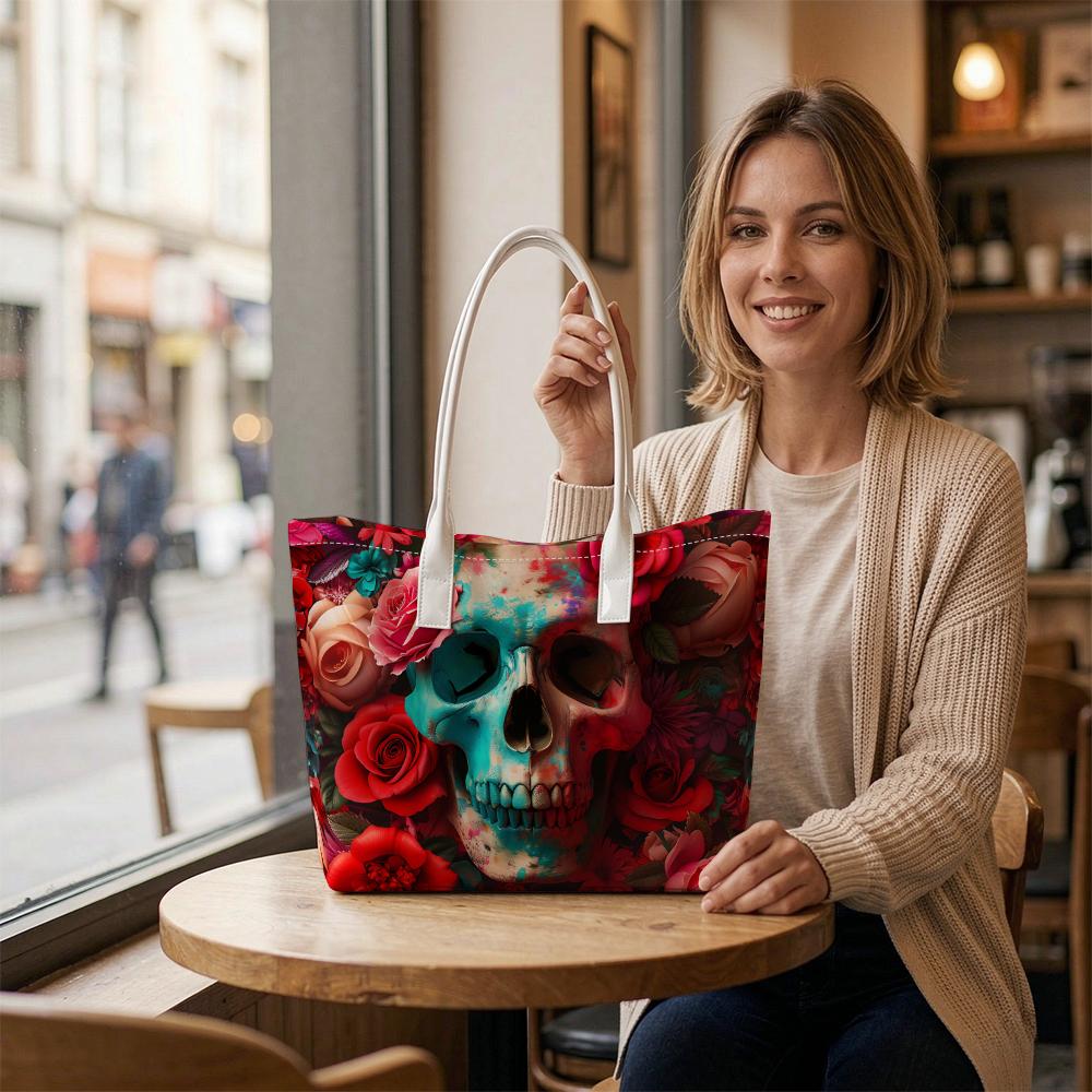 Gothic Skull Floral Print Tote Bag for Daily Use