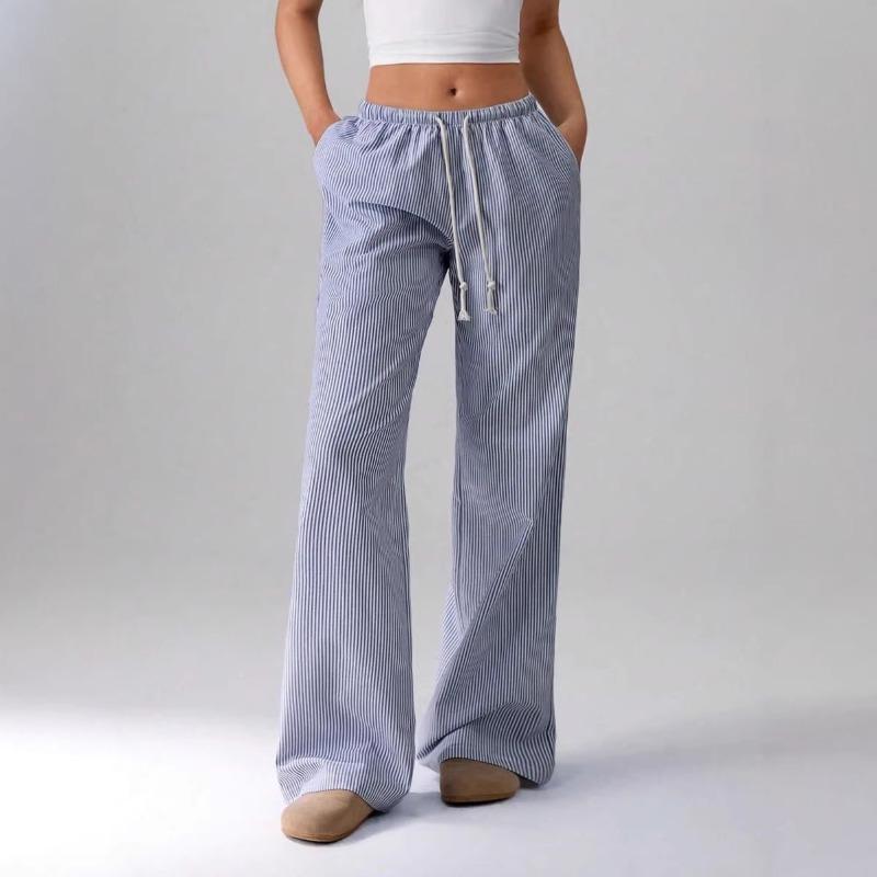 Damen Elastische Taille Gestreifte Weite Hosen Kordelzug Lässige Sommerhosen