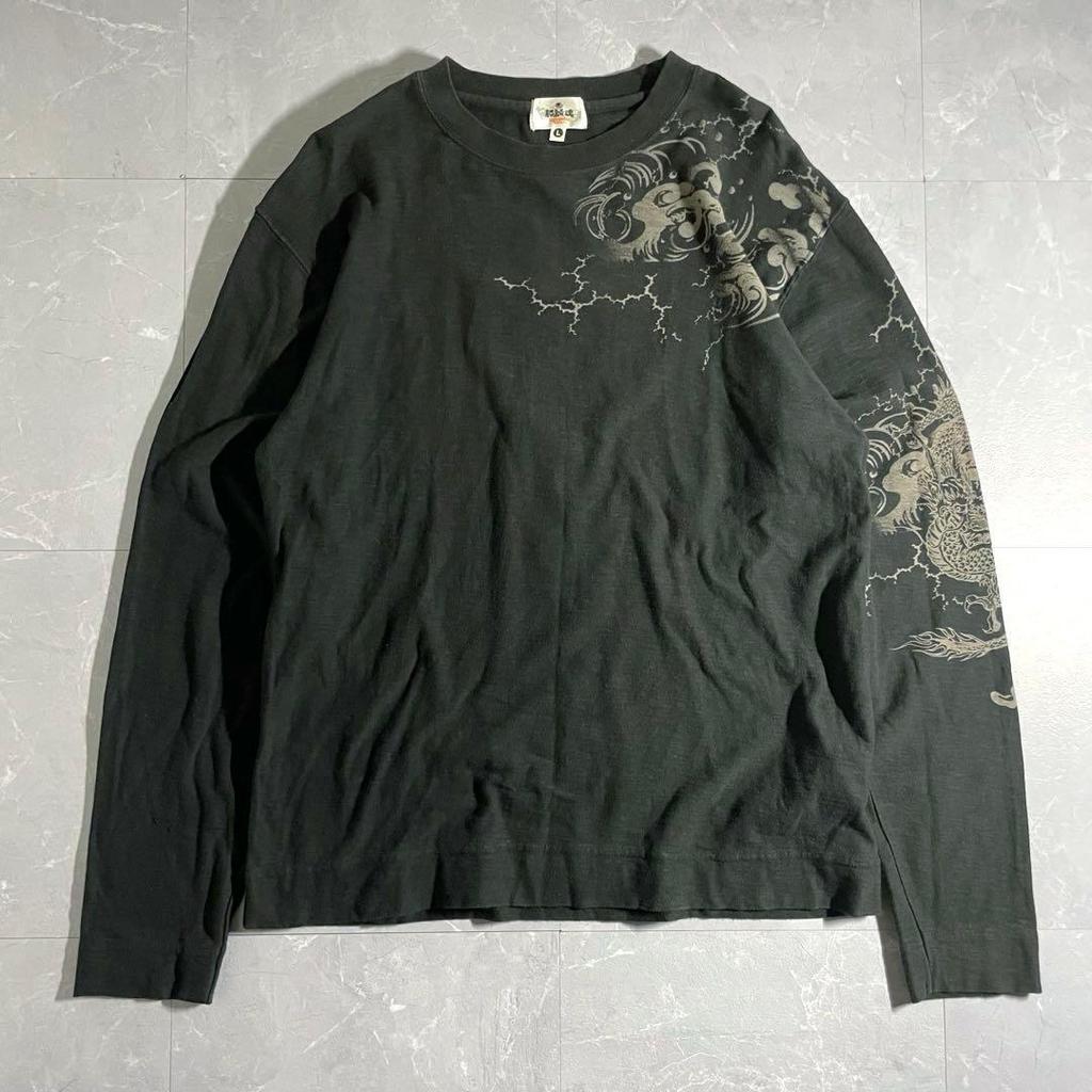 Used archive Karaku-Tamashii Gold Rising Dragon Embroidery Japanese Pattern Long Sleeve Shirt L Size