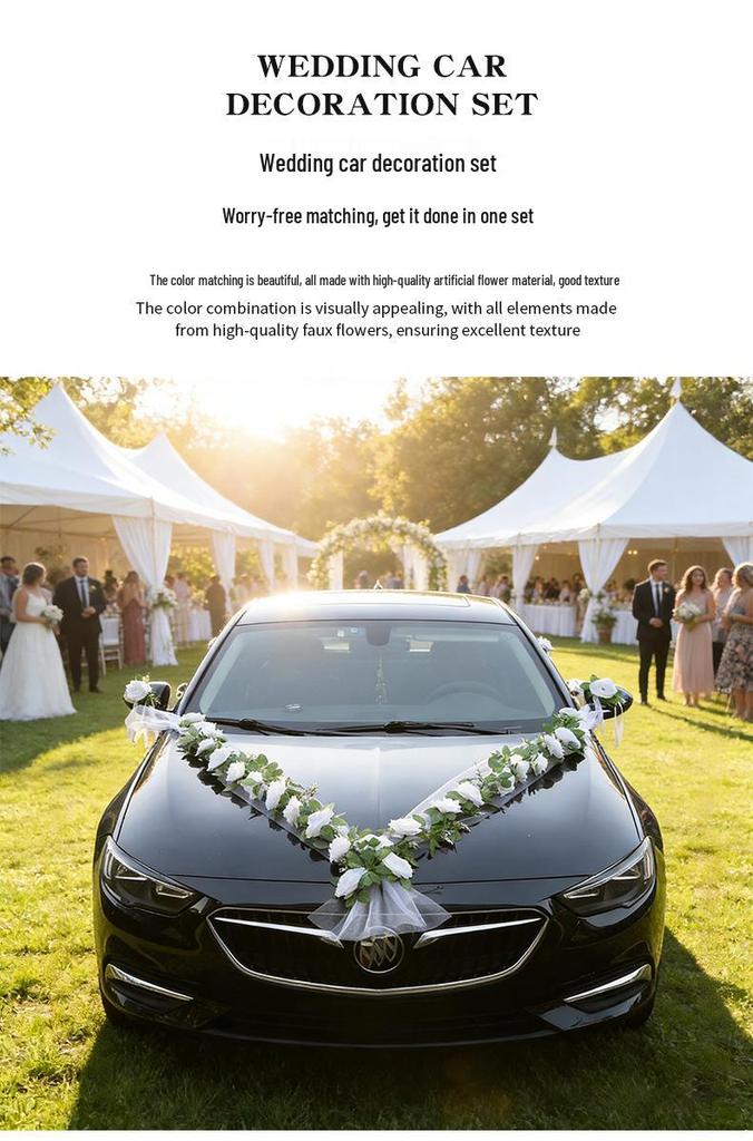 V-Shaped White Rose Wedding Car Decoration Set - Simulated Flowers for Car Hood & Veil Arrangement