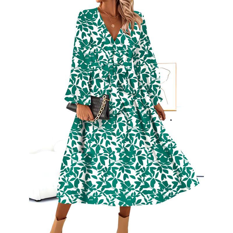Bohemia European American Summer New Fashion V Neck Leaves Print Horn Long Sleeves Mid Length Long Length Dress Dress