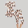 Women Plus Size Printed Round Neck Short Sleeve Flared Top Capri Pants Two Piece Loungewear Set
