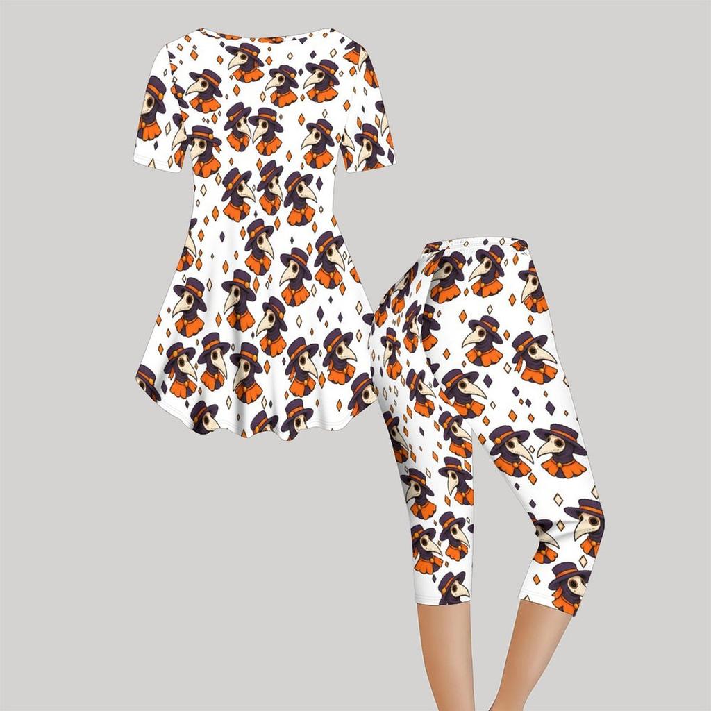 Women Plus Size Printed Round Neck Short Sleeve Flared Top Capri Pants Two Piece Loungewear Set