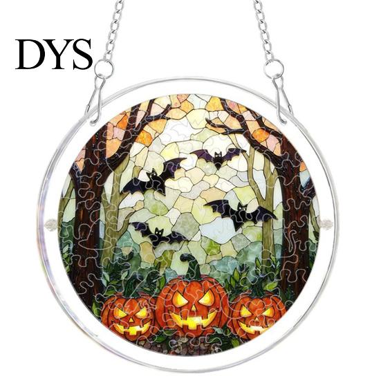 Halloween Party Hanging Props Acrylic Puzzle Window Suncatcher, Stained Glass Style Ornament Vintage Illustration with Metal Chain, Decorative