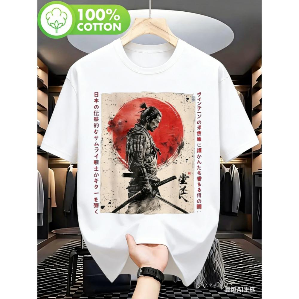 Summer Cotton Men's T Shirt Japanese Samurai Ink Pattern Print Soft Comfortable Fabric Suitable Daily