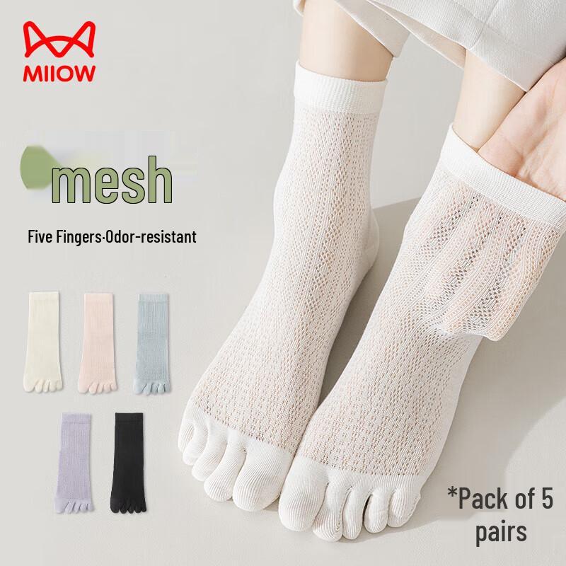 Miiow Women's Breathable Mesh Five-Toe Mid-Calf Socks (5 Pairs)