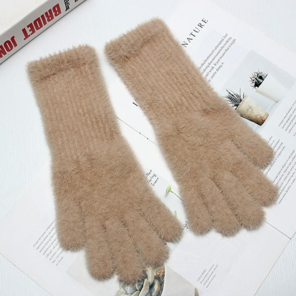 Windproof Faux Fur Gloves Warm Winter Women Mittens Soft Plush Knitted Gloves  Outdoor