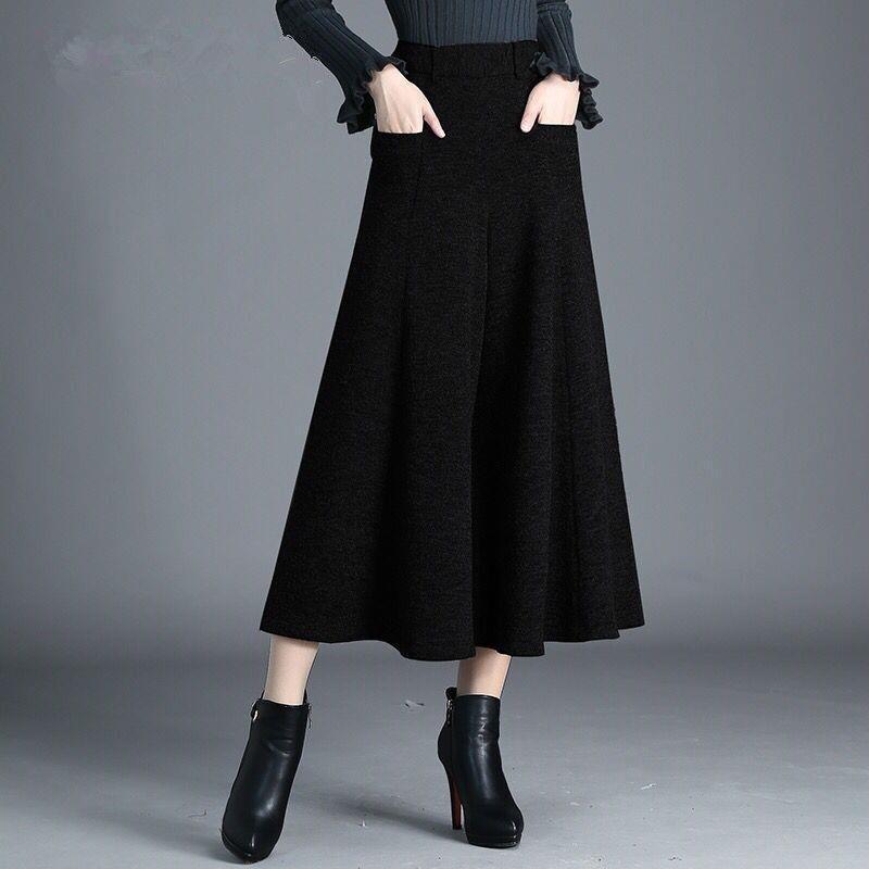 Autumn Winter Women's Woolen Pants Solid Pocket Elastic High Waist Fashion Elegant Loose Wide Leg Ankle Length Trousers