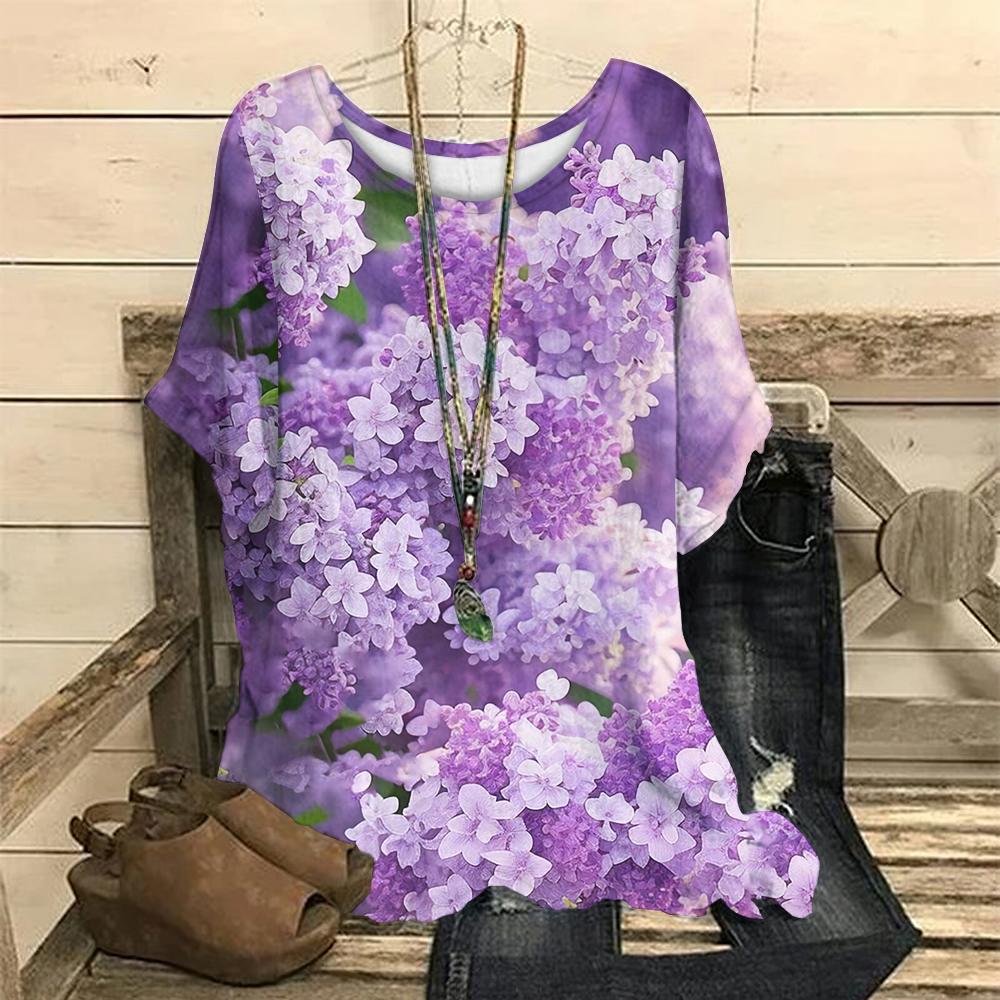 Oversize Women's T Shirts Round Short Sleeve T-Shirts Casual Tops Clothing 3d Flowers Printing Everyday Life Clothing Streetwear