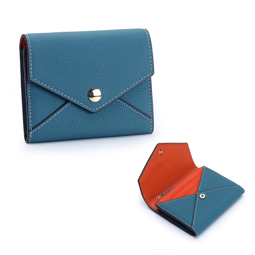 Short Envelope Wallets Genuine Leather Small Wallet for Women Credit Card Holder Compact Leather Hasp Purses with Zipper Pocket