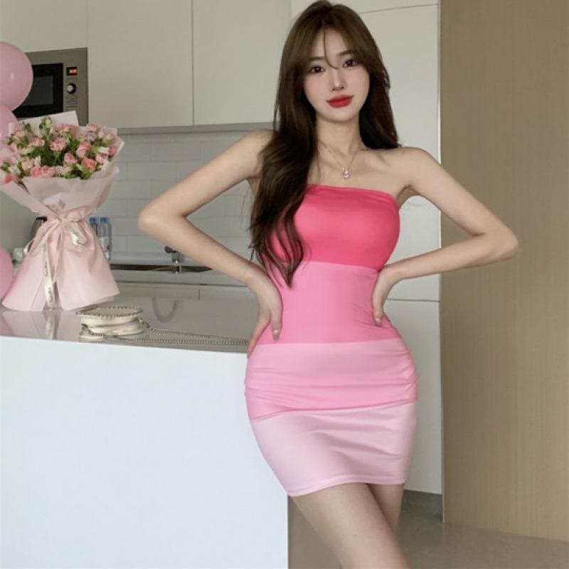 Chic Pink Gradient Color-Block One-Shoulder Bodycon Mini Dress Small розовый