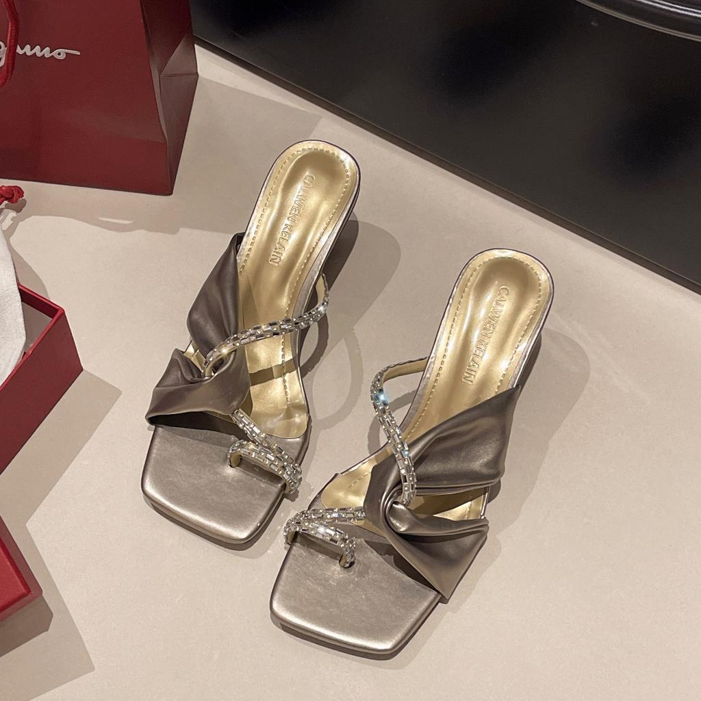 Summer new rhinestone square head thin heel high heel slippers women's summer wear high-end one-word sandals