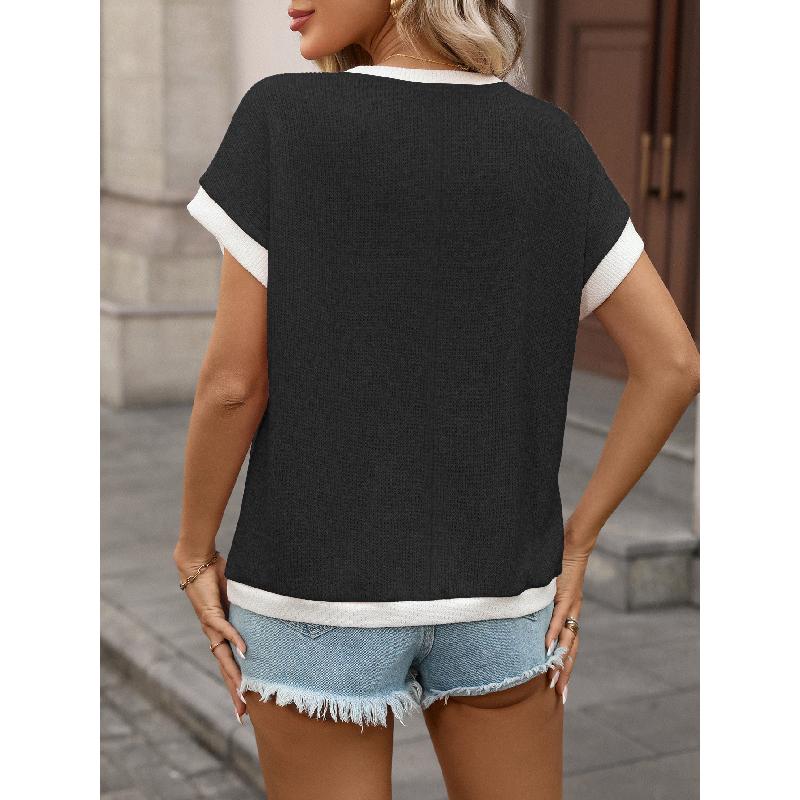 2026 Summer New Women's Round Neck Knit Top Short Sleeve Color Block Loose T-Shirt