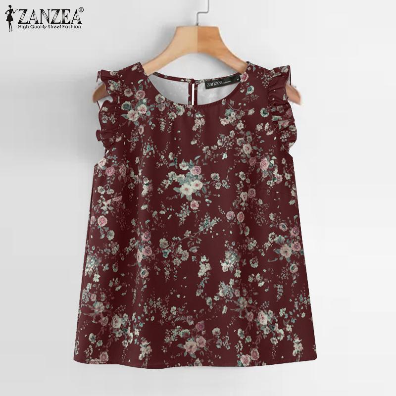 ZANZEA Maiouri casual de damă cu gât rotund, imprimeu floral și fără mâneci