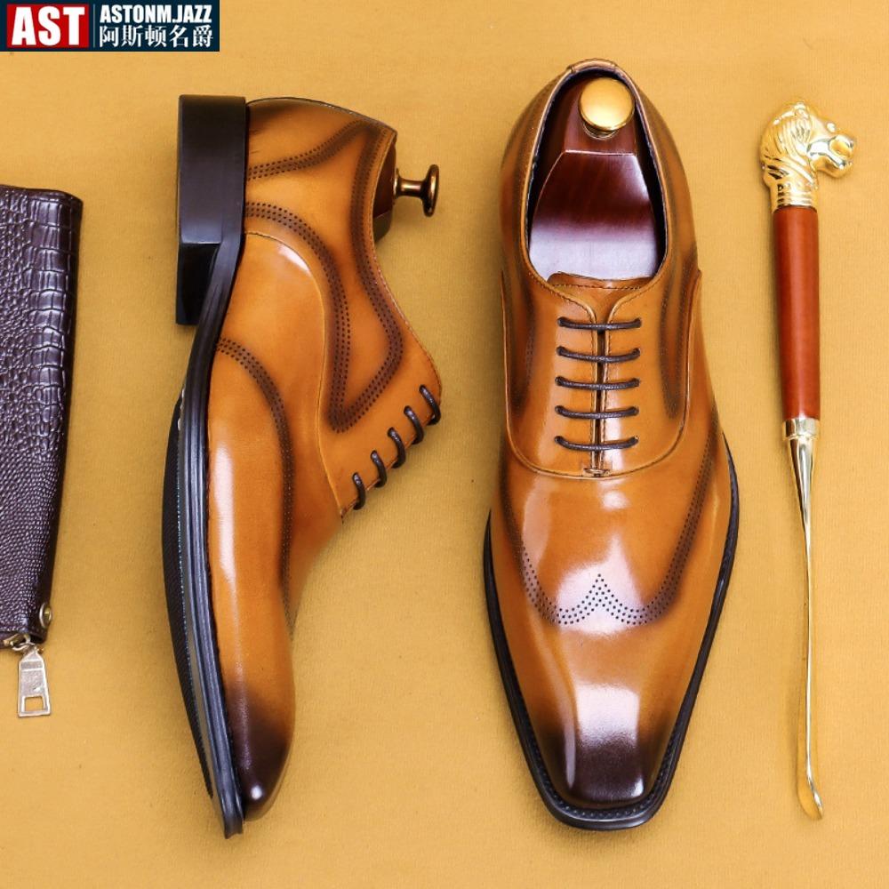 2024 New Men Dress Shoes Leather Shoes Fashion Derby Shoes Classic Casual Business Wedding Footwear Brown Italy Male Formal Shoe