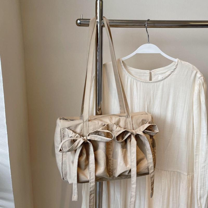 

Женская нейлоновая сумка через плечо в стиле преппи с бантом, универсальная однотонная сумка-тоут на молнии для поездок на работу и повседневных выходов AVE 30x13x20cm хаки