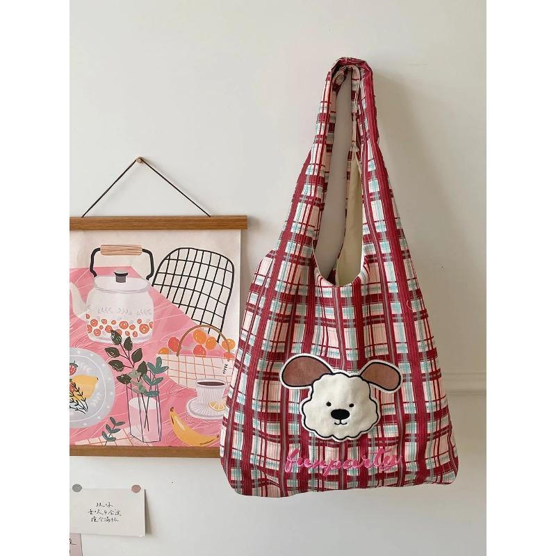 Carto Dog Plaid Stripe Women Shoulder Bags Corduroy Large Capacity College Girls Underarm Tote Bag Casual Female Vest Handbags