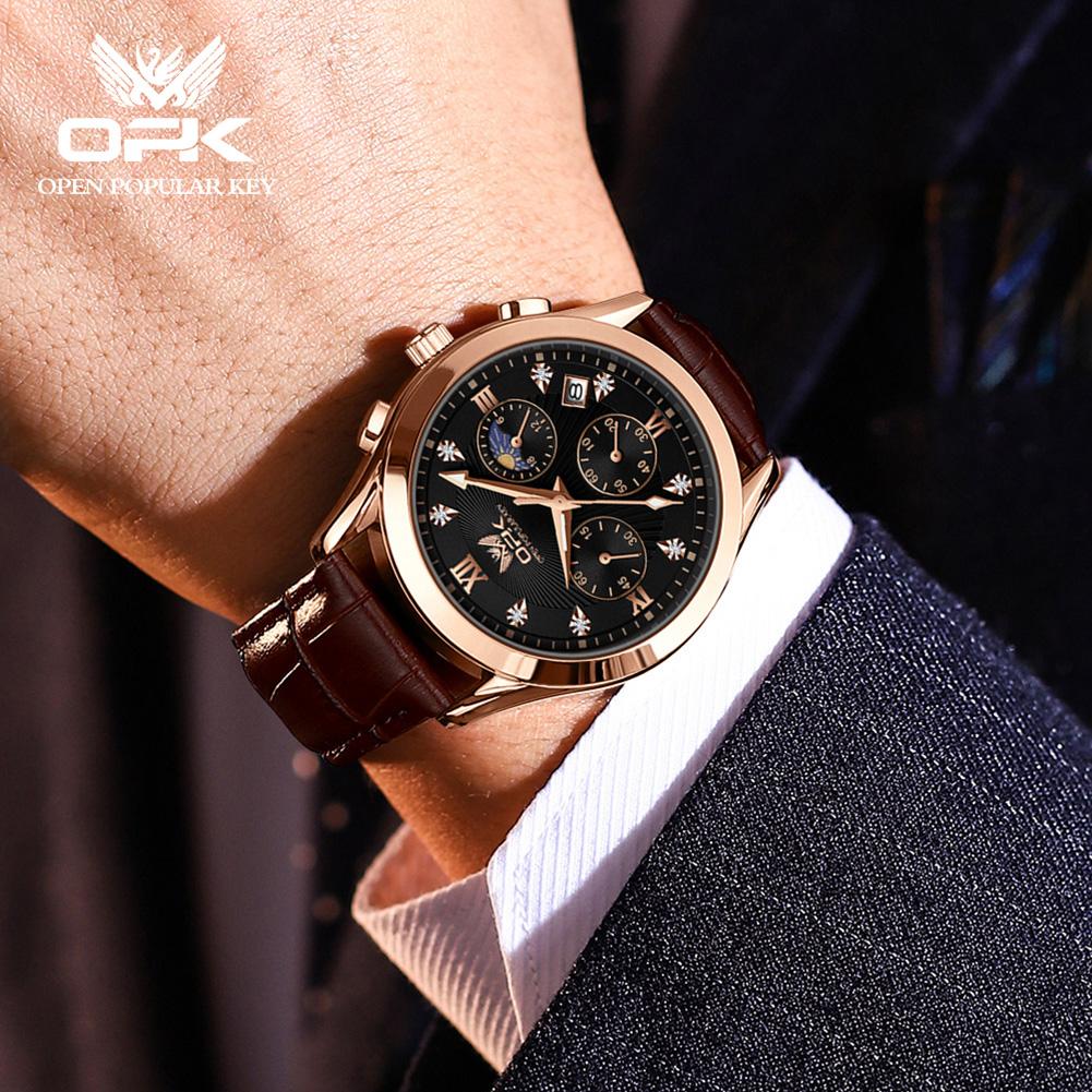 OPK 8162 Fashion Men's Quartz Wristwatch Chronograph Auto Date Luminous Leather Strap Moon Phase Luxury Man Watch