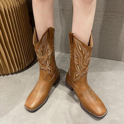 Autumn and Winter Thick Heel Versatile Western Cowboy Boots Embroidered Sleeve Knight Boots Retro Medium Tube Square Boots