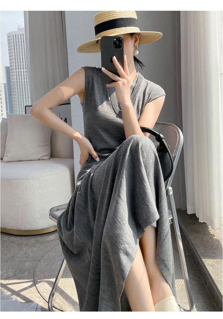 Le Kasha Temperament 100% Pure Wool Machine-Washable Women's Summer Slimming Waist Umbrella Skirt Long Dress