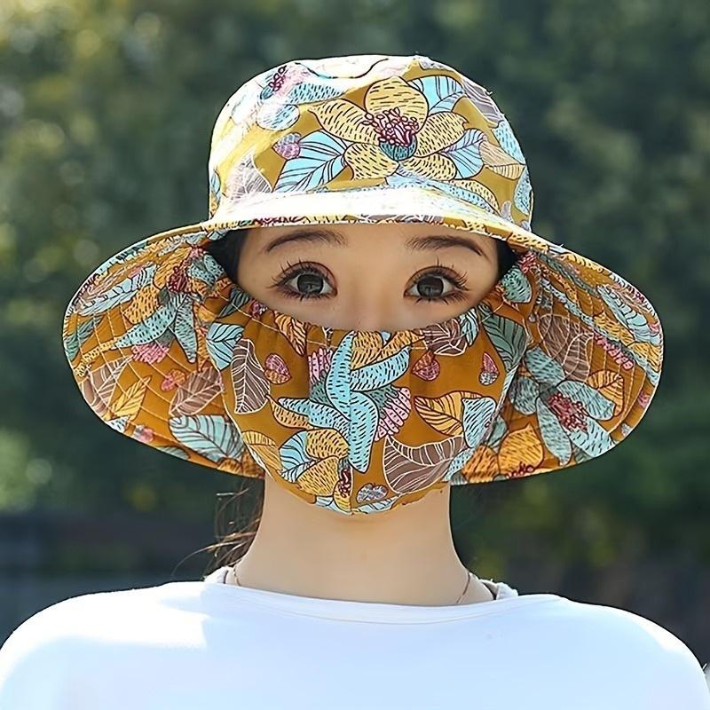 

Sunscreen mask hat integrated women s summer foldable bucket hat mother flower sun hat dry farm work sun hat