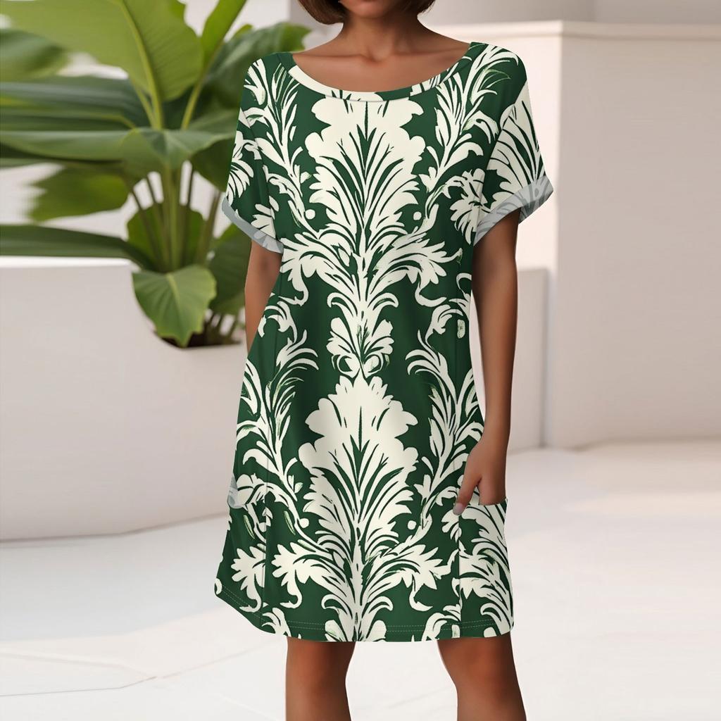 Damenmode Kurzarmkleid mit Taschen Blumendruck Lässiges Strandkleid
