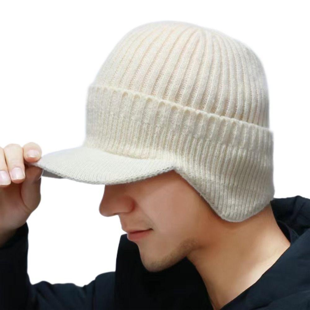 

Short Brim Ear Protection Men Knitted Cap Winter Warm Ski Beanies Hat Cycling Outdoor Baseball Cap білий
