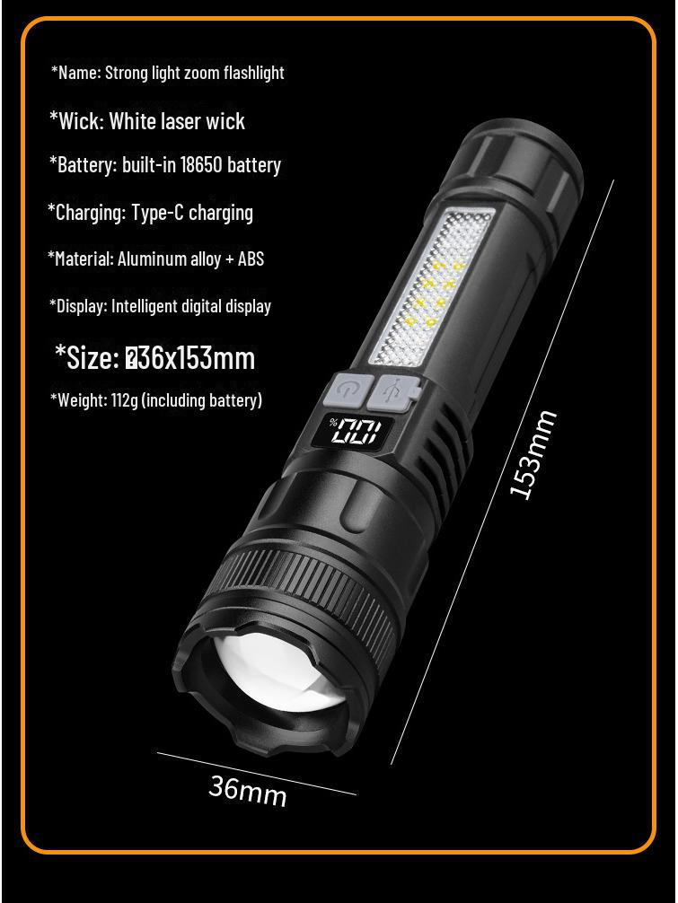 Type-C Rechargeable Flashlight with Side Light & COB Warning for Outdoor Use