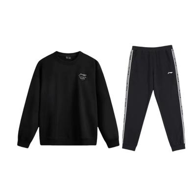 Letter Print Round Neck Drop Shoulder Loose Long Sleeve Elastic Waist Long Pants Casual Sports Suit Unisex Suit Black AWDUF05-1+YKLU333-1