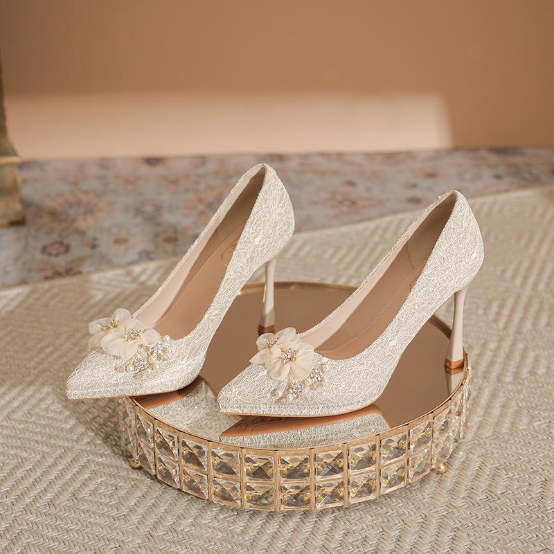 Bridal Wedding Dress Stiletto Wedding Shoes Women Are Not Tired Feet Waterproof Table High Heels Rhinestone Flower Shallow Mouth Stiletto Shoes