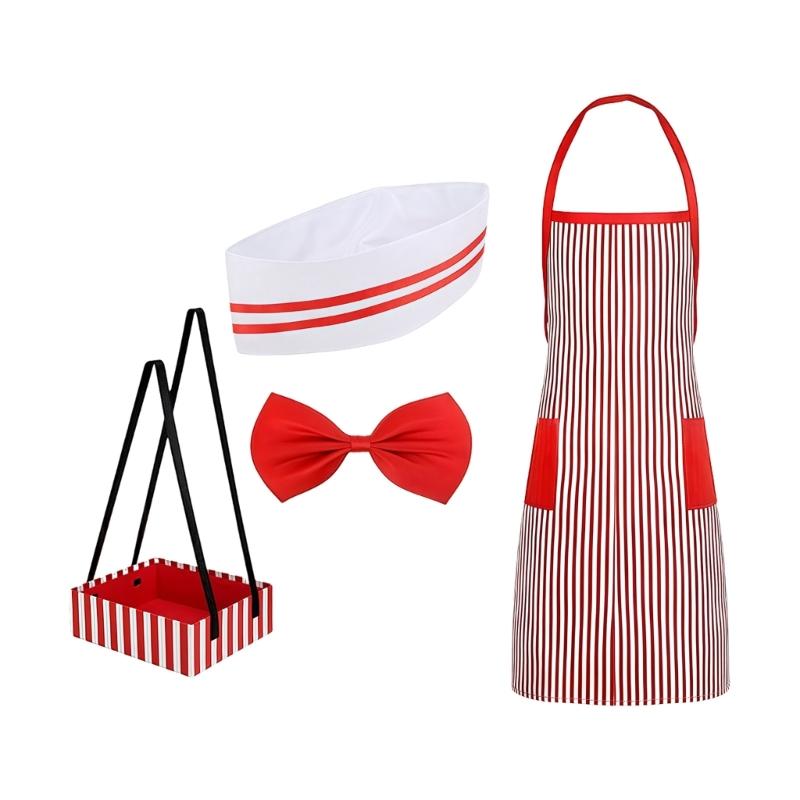 

4Pieces 1950s Adult Waiter Costume Hots Dog Movie Night Waitress Cosplay Costume for Party Halloween