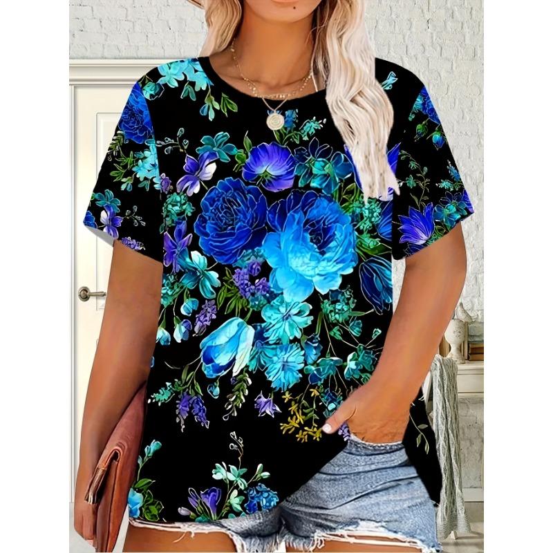 

Comfortable vacation casual elegant style blue purple painting flower element short sleeves S
