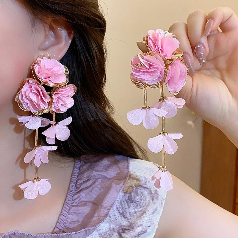 Sommer Chiffon Blumen Quasten Ohrringe für Frauen Urlaubsstil Übertrieben Süße Hängeohrringe Schmuck Accessoires Geschenke