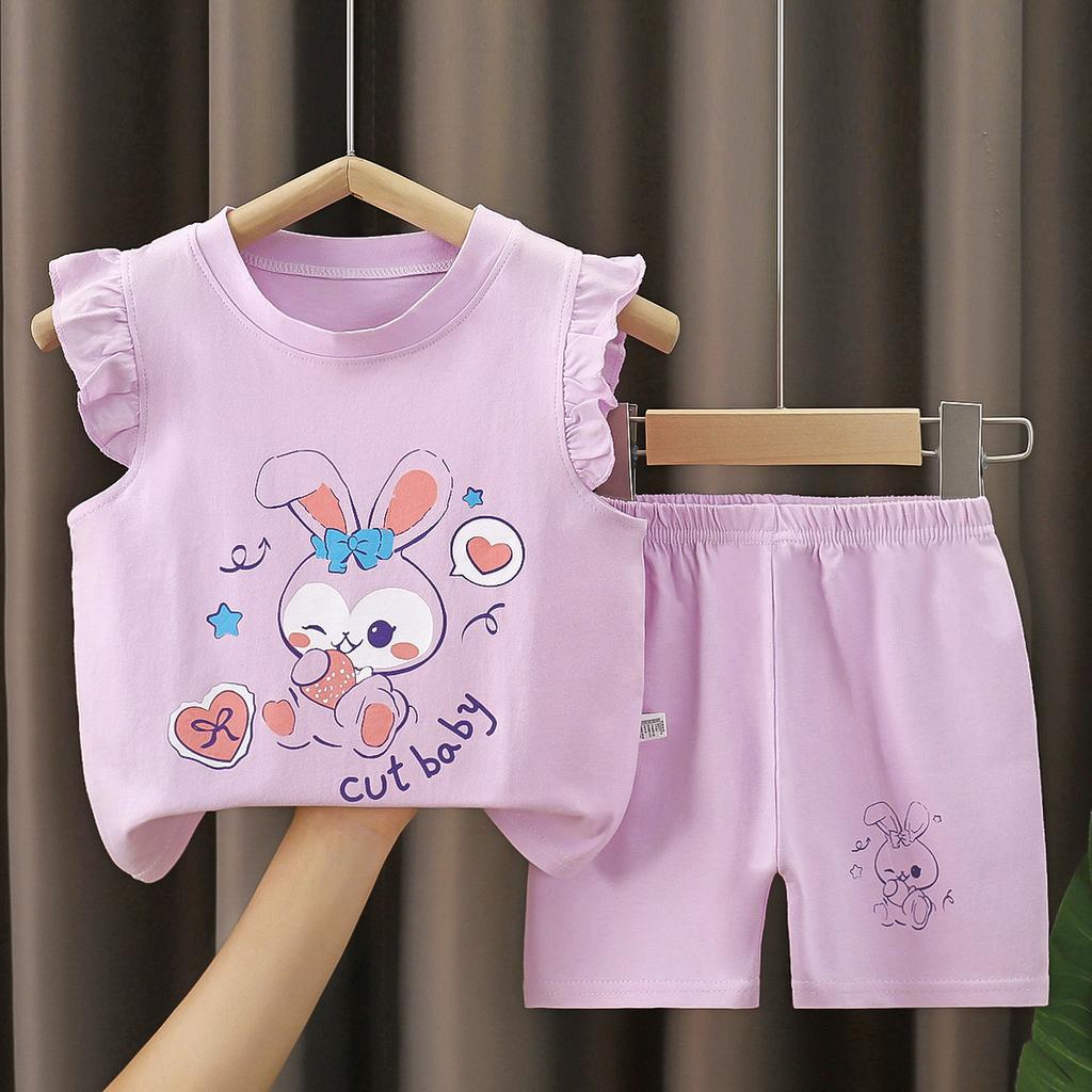 Girls' Cotton Short-sleeved Set For Summer Children's Casual Flared Shorts Two-piece Set
