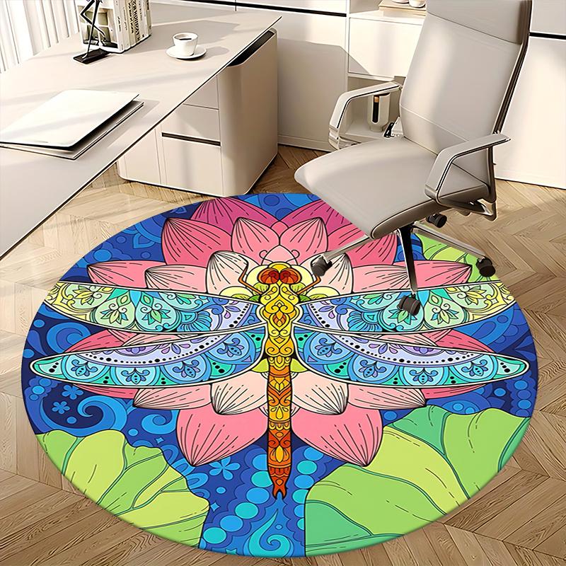 Colorful Dragonfly Office Carpet Chair Mats, Vibrant Lotus Design for Home Decor, Office Carpet Gift, Suitable for Bedroom, Living Room, Various Room
