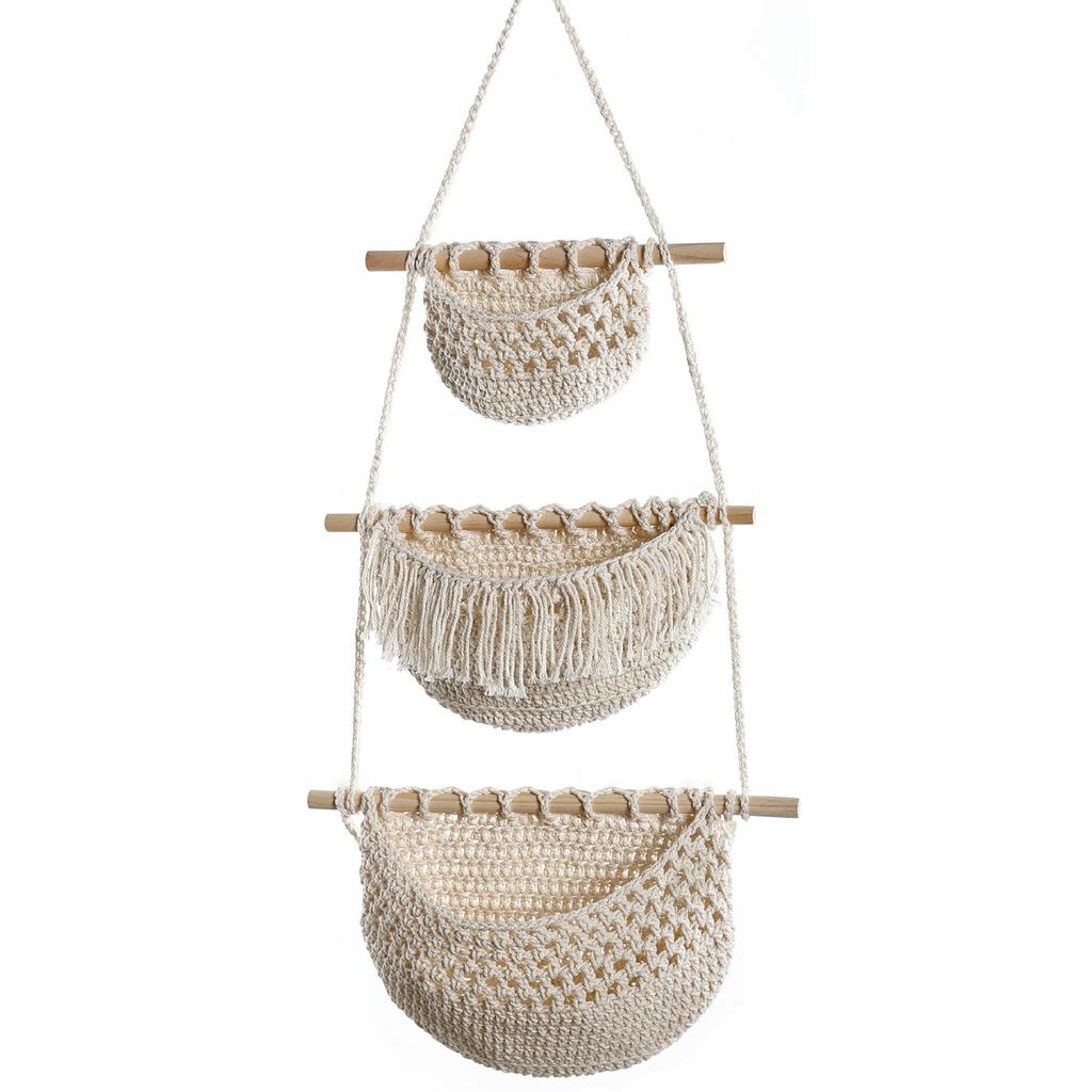 Bohemian 3 Tier Cotton Linen Storage Baskets Wall Hanging Sundries Organizer