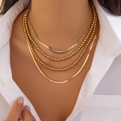 Hip-Hop-Stil Perlen flache Schlangenkette Halsketten-Set, geometrische Metallkette Schlüsselbein-Kette