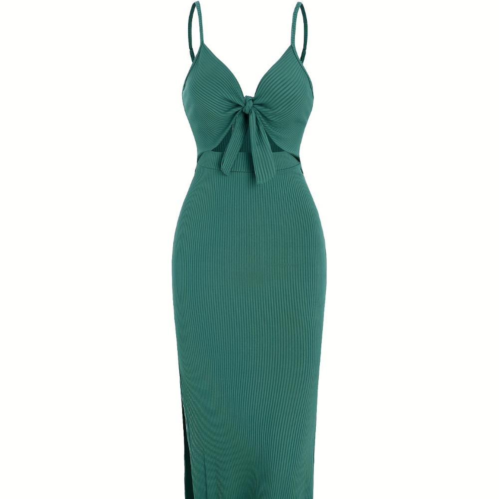 Modisches, schlichtes, ärmelloses Trägerkleid aus Strick für Frühling und Sommer, mit tiefem Rückenausschnitt und sexy langem Rock mit Ausschnitt.