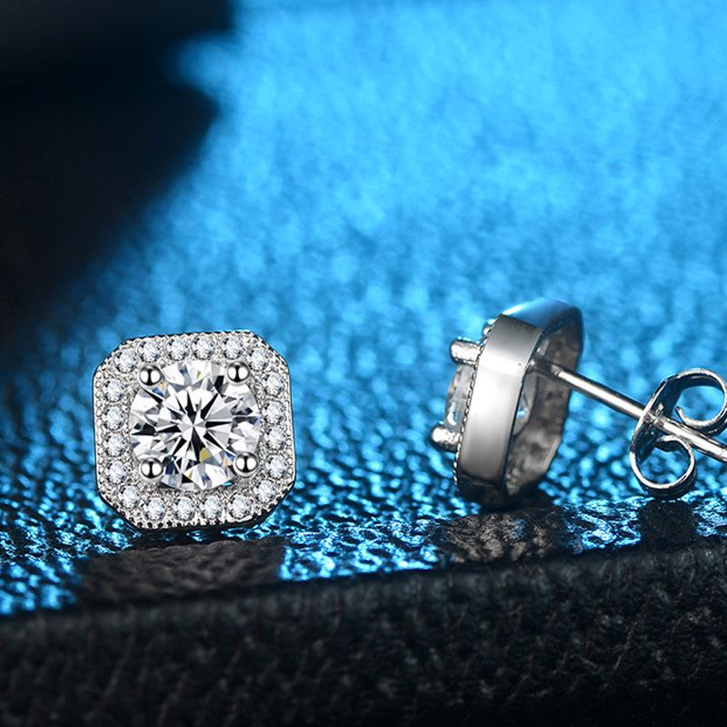 Runxin 50-Point Sugar Cube Earrings for Women with Sparkling Micro-Inlaid Zircon