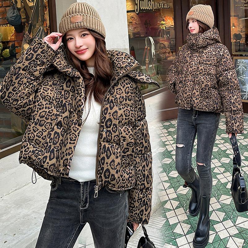Autumn and winter new leopard print cotton jacket women's thickened short stand-up collar jacket cotton-padded jacket