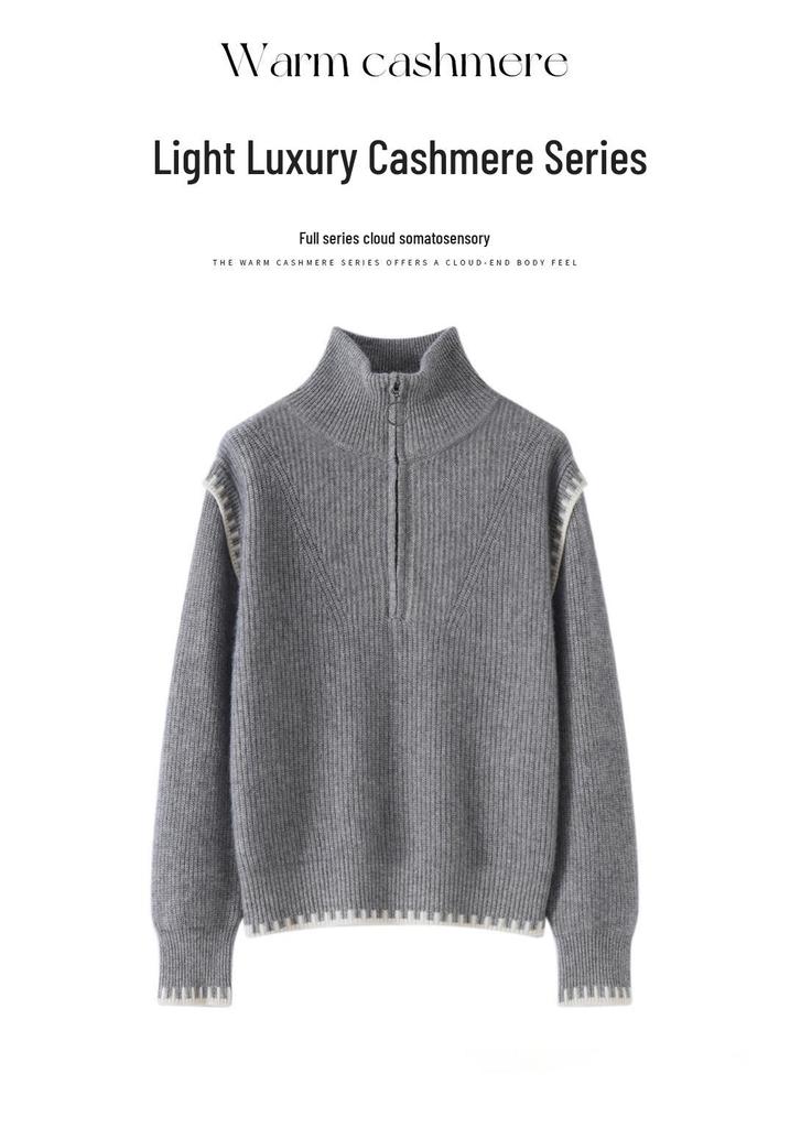 Lekasha Gray Cashmere Stand-Up Collar Sweater - Versatile Inner & Outer Layer for Autumn/Winter Girls' Fashion.