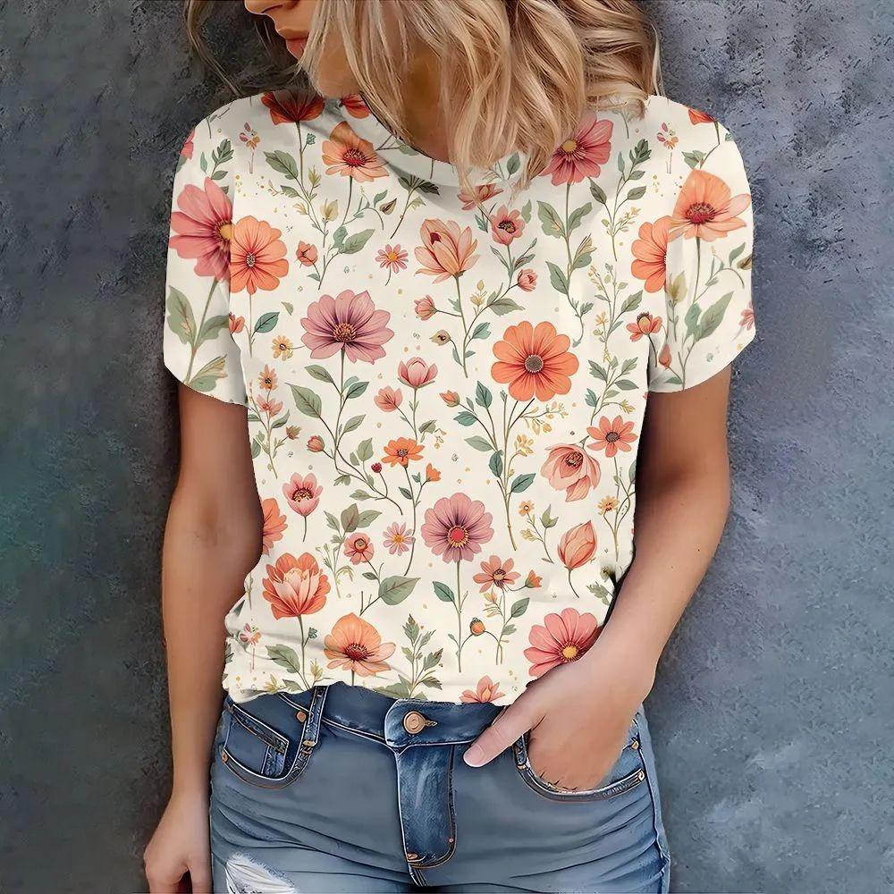 3D printed pattern T-shirt, summer and spring short sleeved round neck casual top, women's clothing